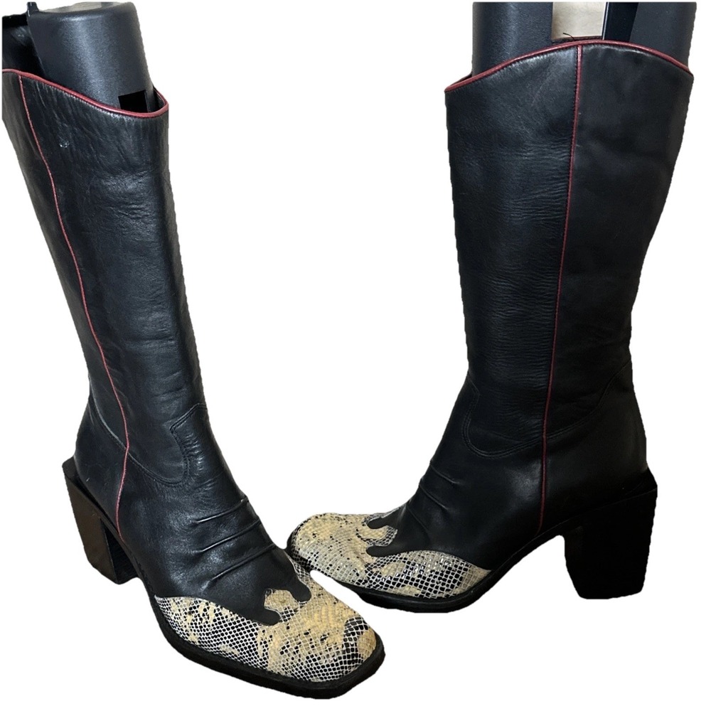MIA Y2K 90's‎ Snakeskin Print Leather Chunky Block Heel Boots Knee Boots Sz 10